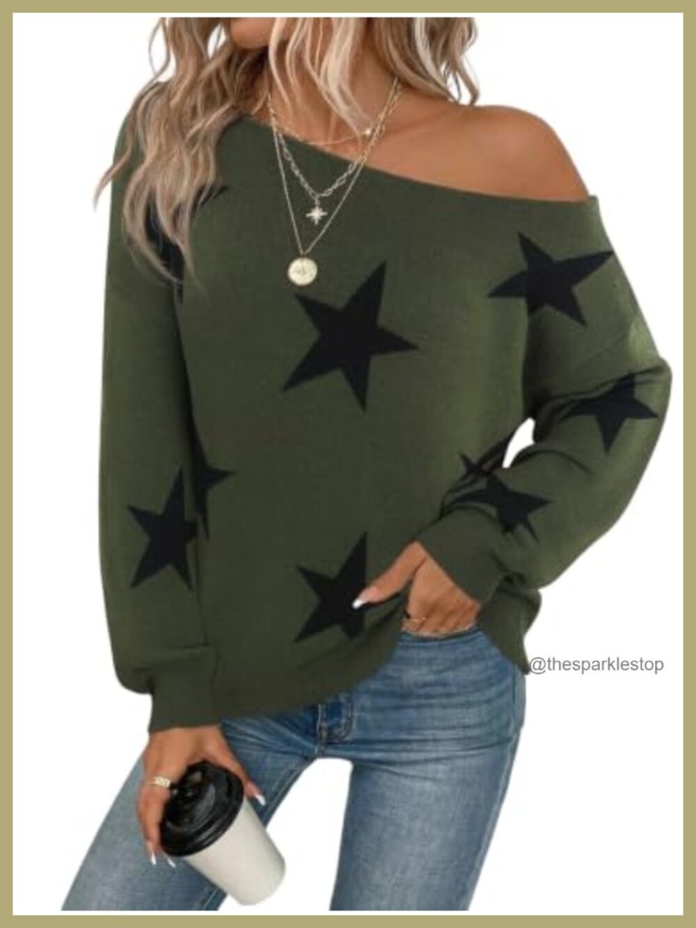 Off The Shoulder Sweater Women Star Knit Pullover Loose Oversized Tunic Batwing